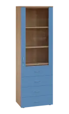 LE - 64 skříň léková prosklená, pravá, korpus dub bardolino, dvířka pastelově modrá